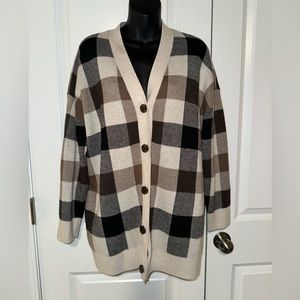 Loft brown/black/tan plaid long cardigan with large buttons size XL petite
